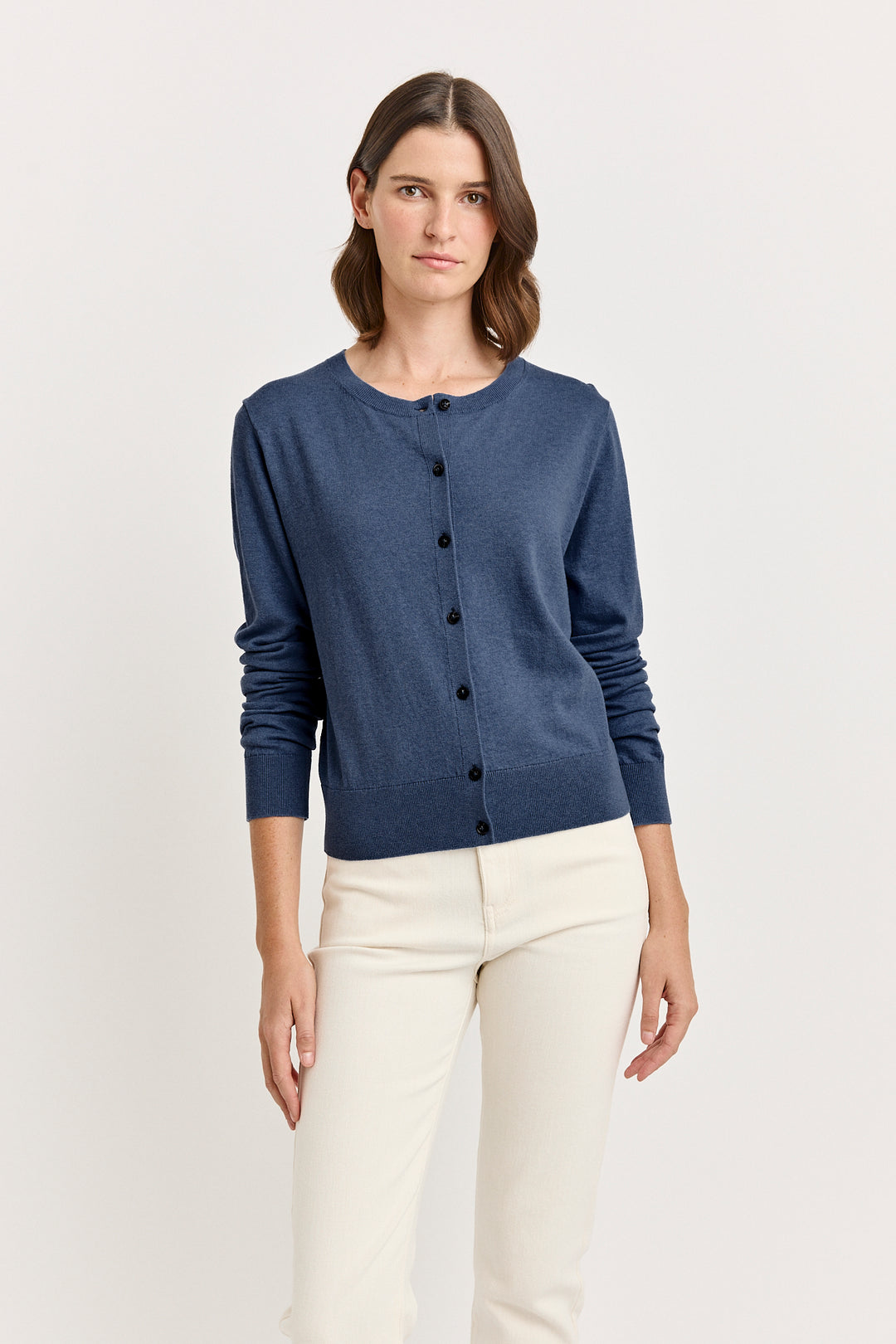 Fine Crew Cardigan | Navy Melange