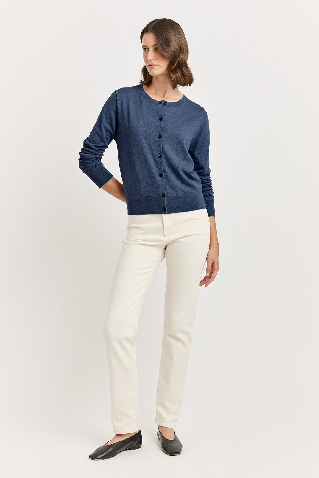 Fine Crew Cardigan | Navy Melange