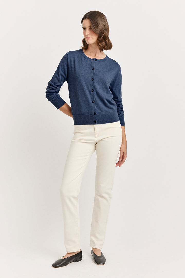 Fine Crew Cardigan | Navy Melange