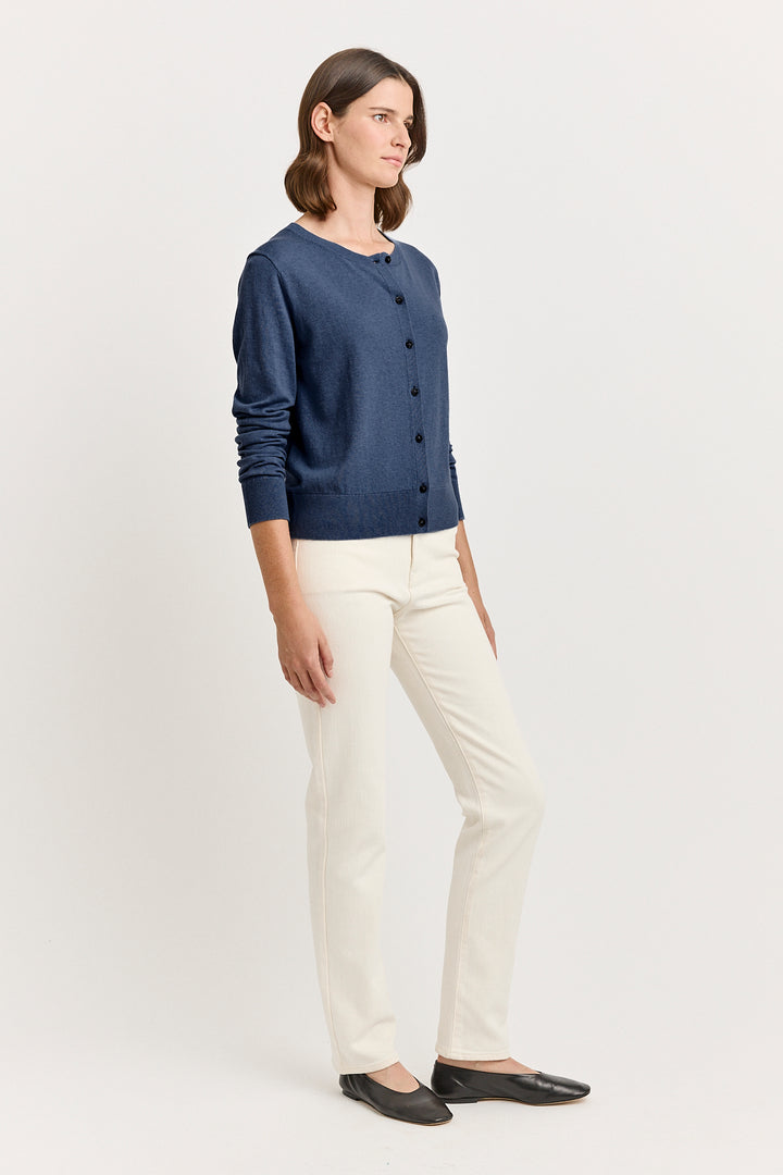 Fine Crew Cardigan | Navy Melange