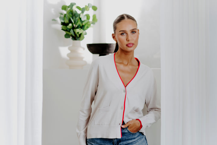 Boyfriend Contrast Cardi | Stone/Geranium