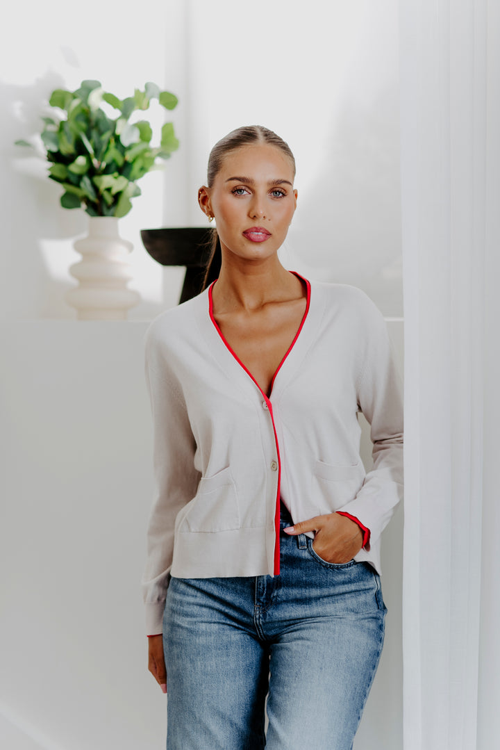 Boyfriend Contrast Cardi | Stone/Geranium