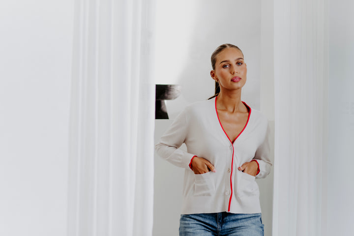 Boyfriend Contrast Cardi | Stone/Geranium