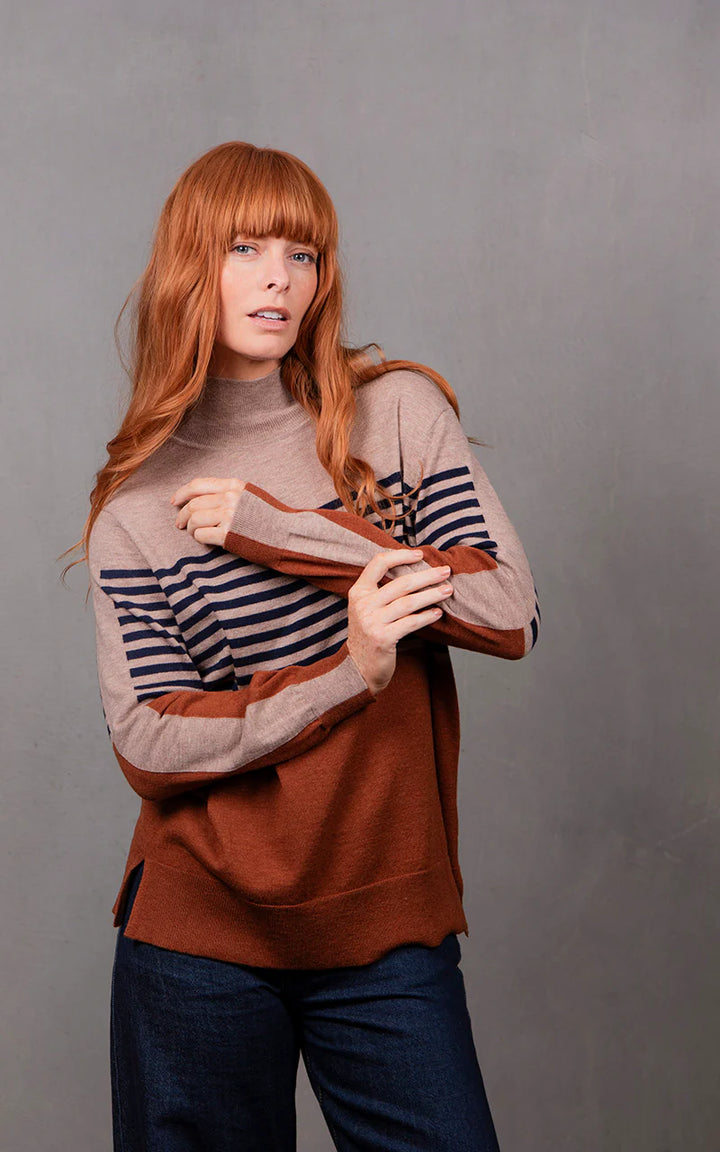 Stripe & Colour Block Tunic | Cognac/Ink/Cobblestone