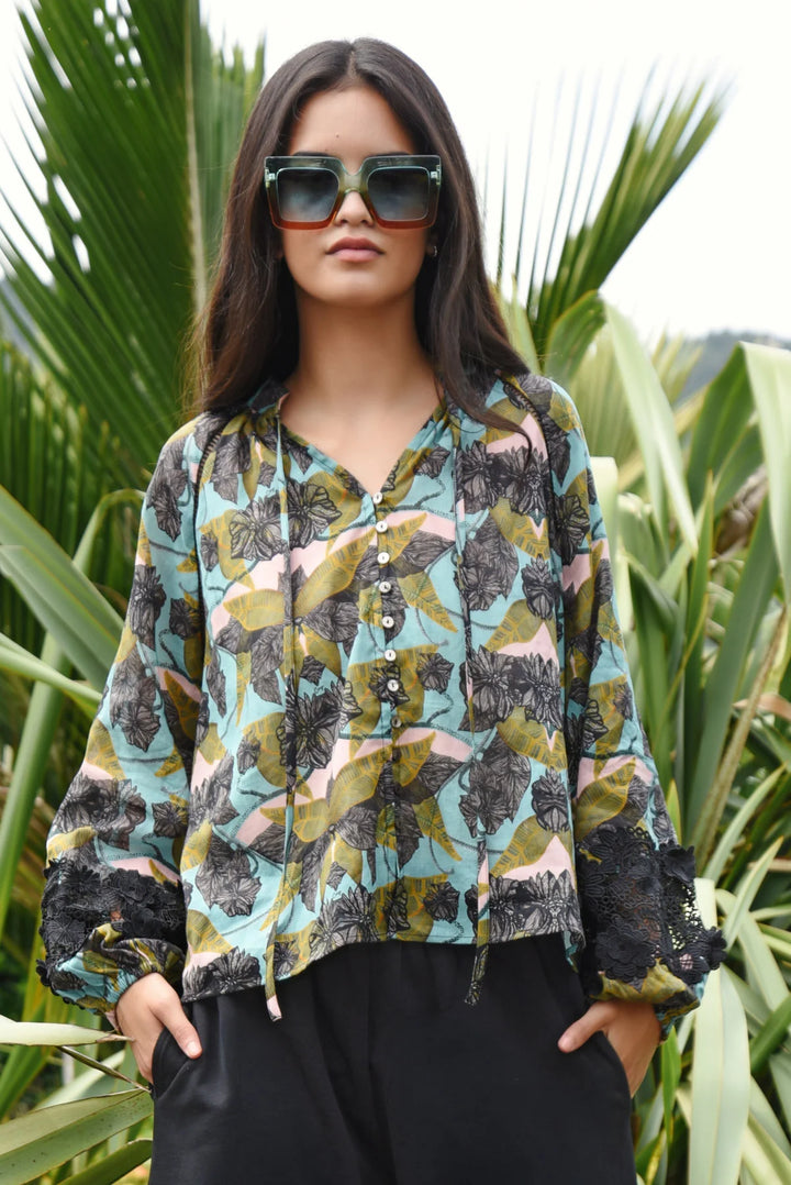 Lace To The Top Blouse | Blue & Olive