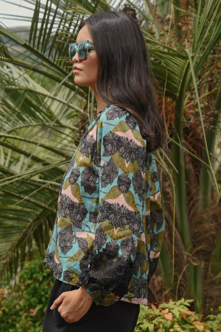 Lace To The Top Blouse | Blue & Olive