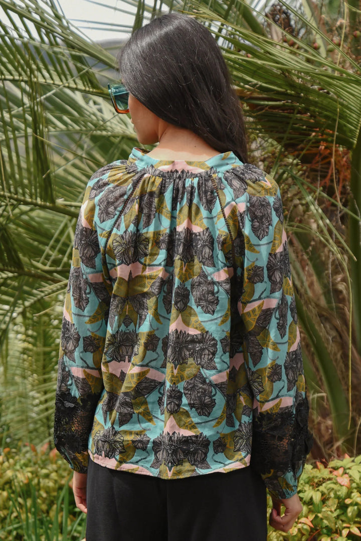 Lace To The Top Blouse | Blue & Olive