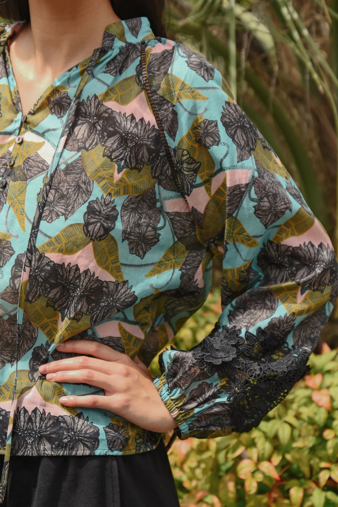 Lace To The Top Blouse | Blue & Olive