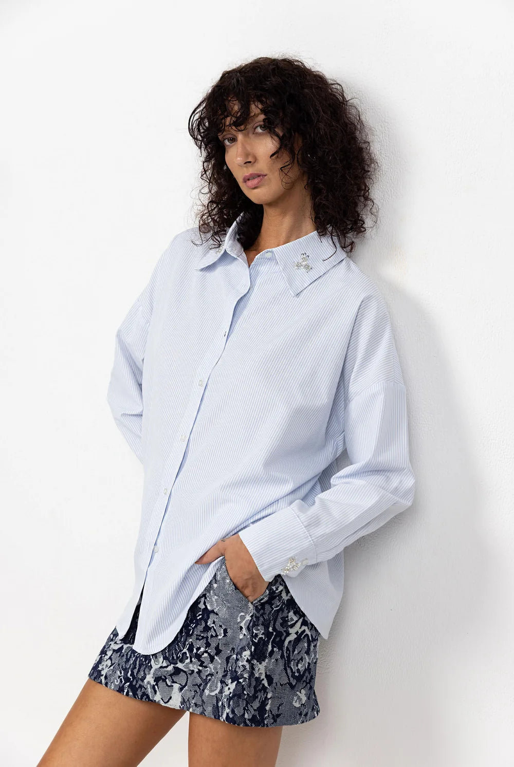 Crossed Paths Shirt | Blue Stripe/Silver Beading