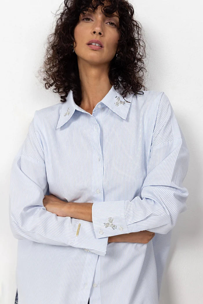 Crossed Paths Shirt | Blue Stripe/Silver Beading