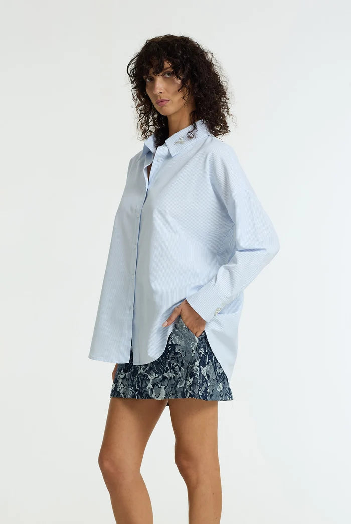 Crossed Paths Shirt | Blue Stripe/Silver Beading