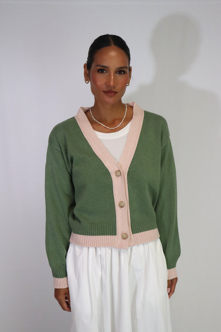 Contrast Cardi | Olive/Blush