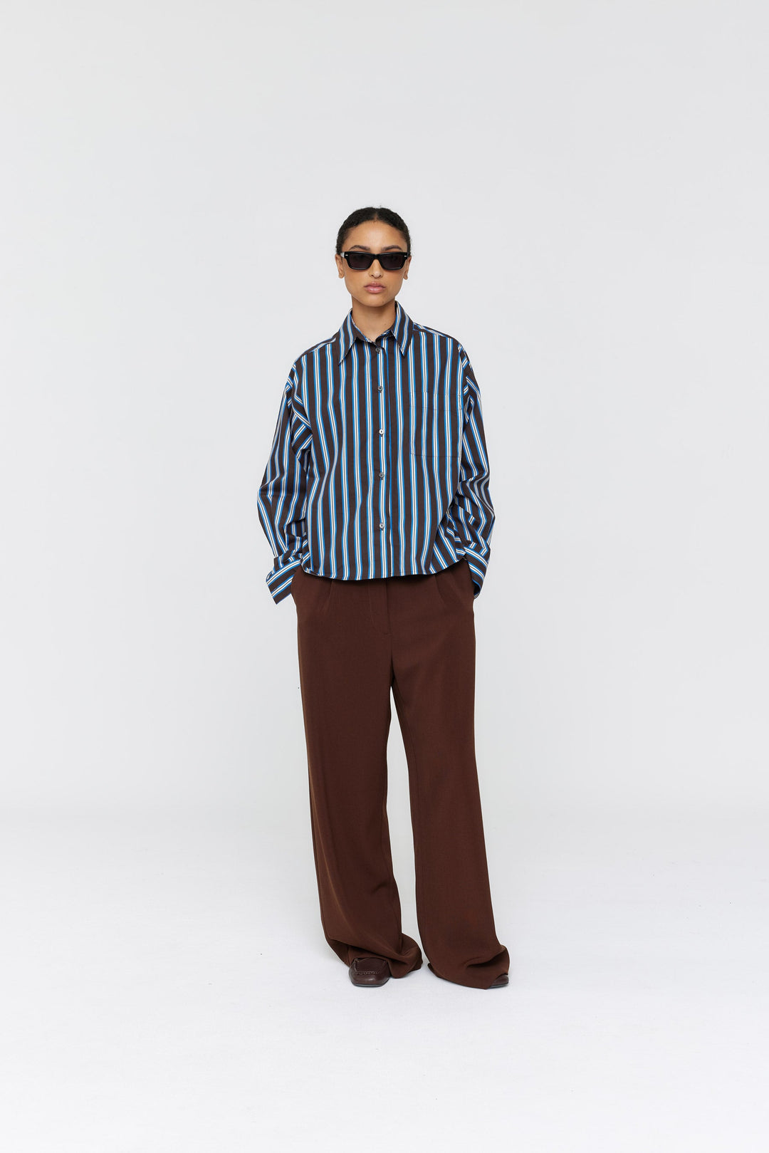 Botic Shirt | Brown + Cobalt Narrow Stripe