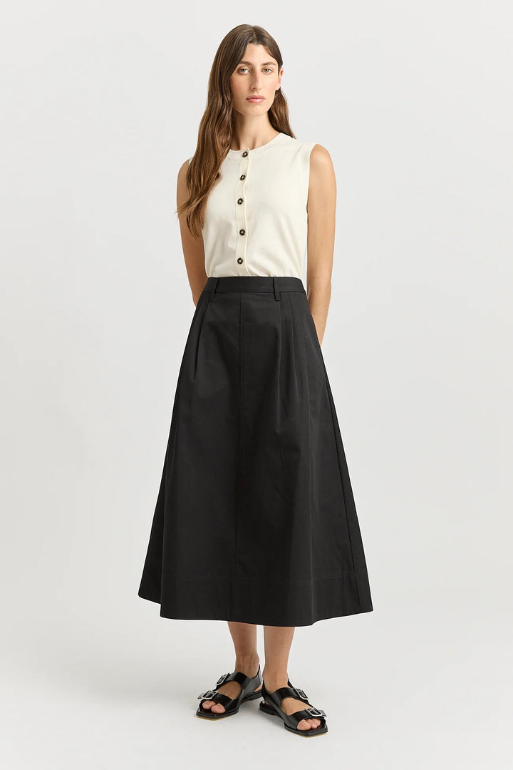 Pleat Detail Midi Skirt | Black