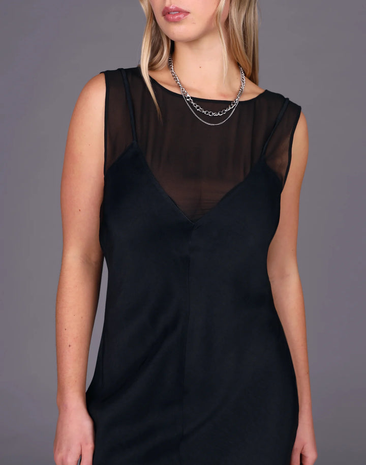 Mesh Satin Slip Dress | Black